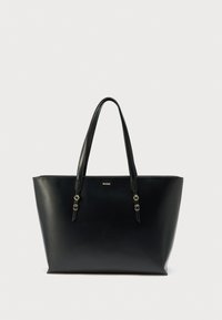 Sac fourre-tout noir en cuir lisse, doté de deux poignées, d'accents en métal doré et d'un design minimaliste avec logo sur le devant.