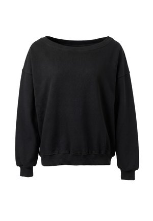 Sort langærmet sweatshirt med bred rund halsudskæring, ribkantede manchetter og ribkant nederst mod hvid baggrund.