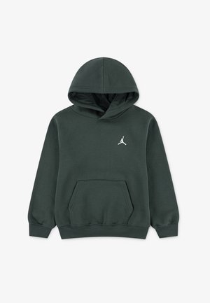 Zelená mikina s kapucí vyrobená z měkké látky, s přední kapsou a stahovací kapucí. Malé bílé logo je umístěno na hrudi.