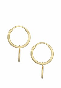Cercei din aur cu un design rotund, neted și un accent circular mic care atârnă. Făcuți din argint sterling 925 cu un finisaj strălucitor.