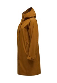 Waterdichte bruine parka met een capuchon, zijzakken en klittenbandsluitingen. Heeft een gladde, matte afwerking en een recht gesneden ontwerp.
