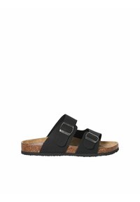 Sandale noire à bout ouvert avec deux brides réglables à boucle et une semelle intérieure en liège moulée sur une semelle extérieure en caoutchouc noire.