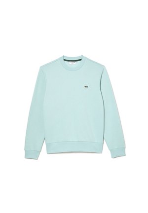 Sweat-shirt bleu clair à manches longues, col rond, avec poignets et ourlet côtelés, arborant un petit logo crocodile vert sur la poitrine gauche.