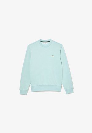 Sweat-shirt bleu clair à manches longues, col rond, avec poignets et ourlet côtelés, arborant un petit logo crocodile vert sur la poitrine gauche.