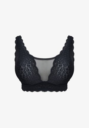 Black lace bralette with a sheer front panel, scalloped edges, and wide straps. The fabric features a delicate floral pattern.