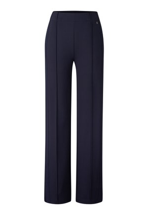 Marinefarbene, weit geschnittene Hose aus weichem Stoff, mit einem glatten Bund, vertikalen Nähten und einem schlichten Design ohne zusätzliche Verzierungen.