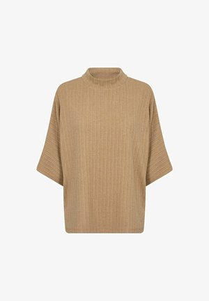 Lyhythihainen, korkea kaula-aukko, ribbimateriaalista valmistettu paita pehmeässä ruskeassa värissä. Ominaisuuksiin kuuluu rento leikkaus ja suora helma ilman lisäyksiköitä.