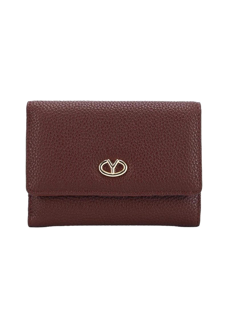 Portafoglio in pelle bordeaux con finitura testurizzata, accento del logo dorato e design pieghevole. Forma compatta adatta per carte e contanti.