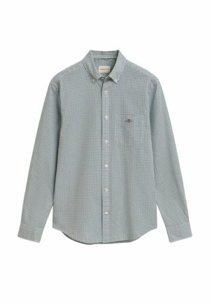 Camisa de manga larga a cuadros en verde y blanco con cuello abotonado, bolsillo en el pecho izquierdo y detalle de logo. Fabricada en tela tejida.