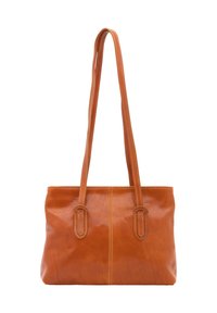 Tan leren tote bag met twee lange handgrepen, een gladde textuur en contrasterende stiksels. Heeft een platte bodem en een ruime interieur.