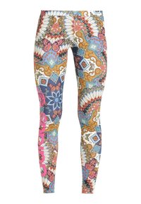 Färgglada leggings med ett livfullt paisley- och blommönster i blått, guld, rosa och vitt, med en framträdande logo i rosa på sidan.