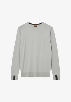 Svetlo siva dolgi rokav pulover, izdelan iz mehkega materiala. Ima okrogli izrez, rebraste manšete z črnimi poudarki in minimalni detajl logotipa.