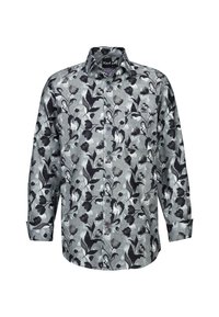 Camicia a maniche lunghe in tessuto grigio con motivi floreali neri, colletto con bottoni e una singola tasca sul petto.