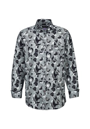 Camicia a maniche lunghe in tessuto grigio con motivi floreali neri, colletto con bottoni e una singola tasca sul petto.