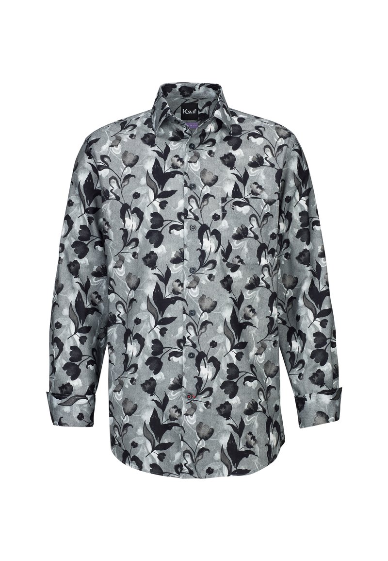 Camicia a maniche lunghe in tessuto grigio con motivi floreali neri, colletto con bottoni e una singola tasca sul petto.
