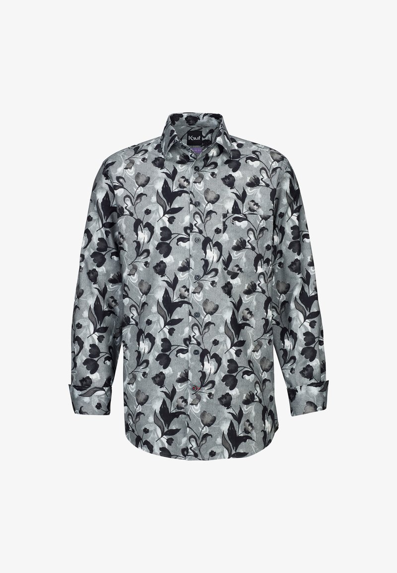 Camicia a maniche lunghe in tessuto grigio con motivi floreali neri, colletto con bottoni e una singola tasca sul petto.