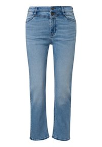 Lichtblauwe denim jeans met een rechte snit en een licht uitlopende zoom. Voorzien van twee knopen bij de tailleband en voorzakken.