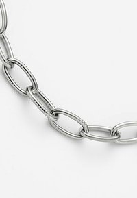 Catena in metallo argentato con anelli ovali allungati, caratterizzata da una superficie liscia e una finitura riflettente, su uno sfondo bianco uniforme.