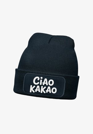 Dark blue knitted beanie with ribbed texture and a fold-over cuff. Front features a rectangular patch with the text "Ciao Kakao" in white.