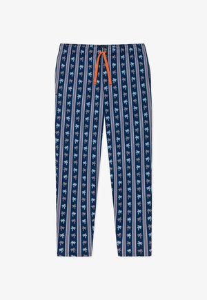 Marineblauwe pyjamabroek met verticale strepen en lichtblauwe en grijze palmboompatronen, voorzien van een oranje trekkoorden tailleband.