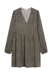 Czarna sukienka w kwiatowy wzór z dekoltem w kształcie litery V, długimi rękawami, marszczoną talią oraz luźną, rozkloszowaną spódnicą, wykonana z lekkiej tkaniny.