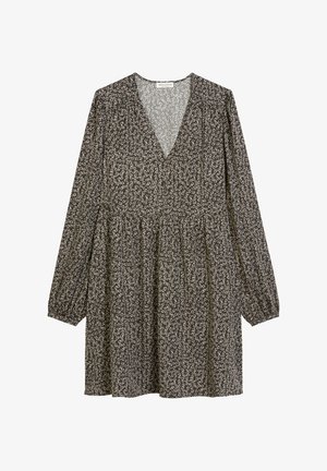 Donker bloemenprint jurk met V-hals, lange mouwen, geplooide taille en een losse, uitlopende rok, gemaakt van lichte stof.