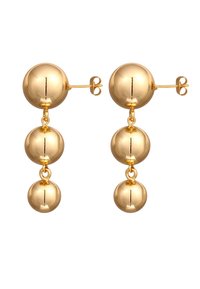 Goldfarbene hängende Ohrringe mit drei abgestuften, sphärischen Anhängern, glatter Oberfläche und einem Steckverschluss.