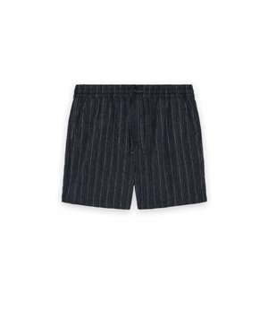 Dunkelblaue Freizeithosen mit dünnen weißen Vertikalstreifen, elastischem Bund und vorderem Kordelzug.