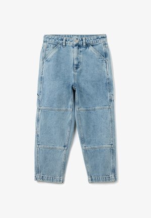 Lichtblauwe denim cargo pants met een relaxte fit, meerdere gestikte panelen, een voorknopsluiting en zijzakken.