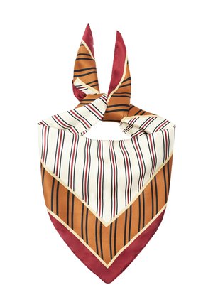 Foulard en soie triangulaire avec centre crème et bordures rouille et bordeaux, orné de rayures verticales noires et rouges, noué en haut.