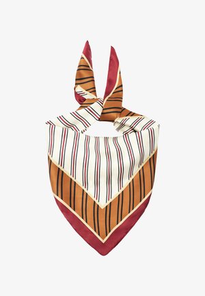 Foulard en soie triangulaire avec centre crème et bordures rouille et bordeaux, orné de rayures verticales noires et rouges, noué en haut.