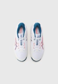 White athletic shoes with a breathable mesh upper, blue accents, pink detailing, and a textured sole for grip. Lace-up design.