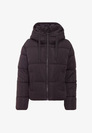 Giacca a vento nera con cappuccio, dotata di chiusura frontale con cerniera, cordini elastici e tasche laterali con bottoni a scatto.