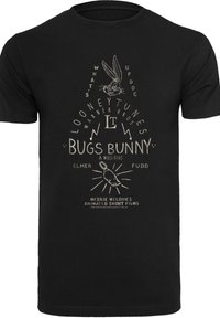 Černé bavlněné tričko s grafikou Bugs Bunny, textovými prvky a vintage designovými akcenty v krémové barvě.