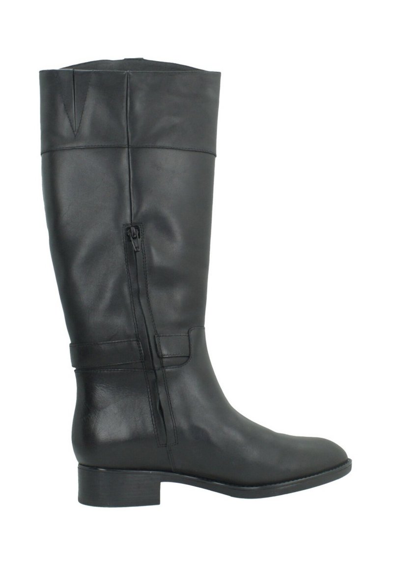 Czarne skórzane kozaki do kolan z płaskim obcasem, bocznym zamkiem i gładkim wykończeniem. Posiadają delikatne zagięcie na górze.