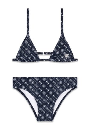 Granatowy komplet bikini z białym wzorem monogramu, składający się z trójkątnego topu z cienkimi regulowanymi ramiączkami oraz dopasowanych majtek z wysokim stanem.