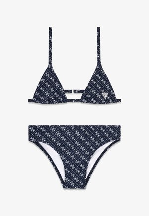 Conjunto de bikini azul marino con patrón de monograma blanco, que incluye top triangular con tirantes finos ajustables y braguitas de corte alto a juego.