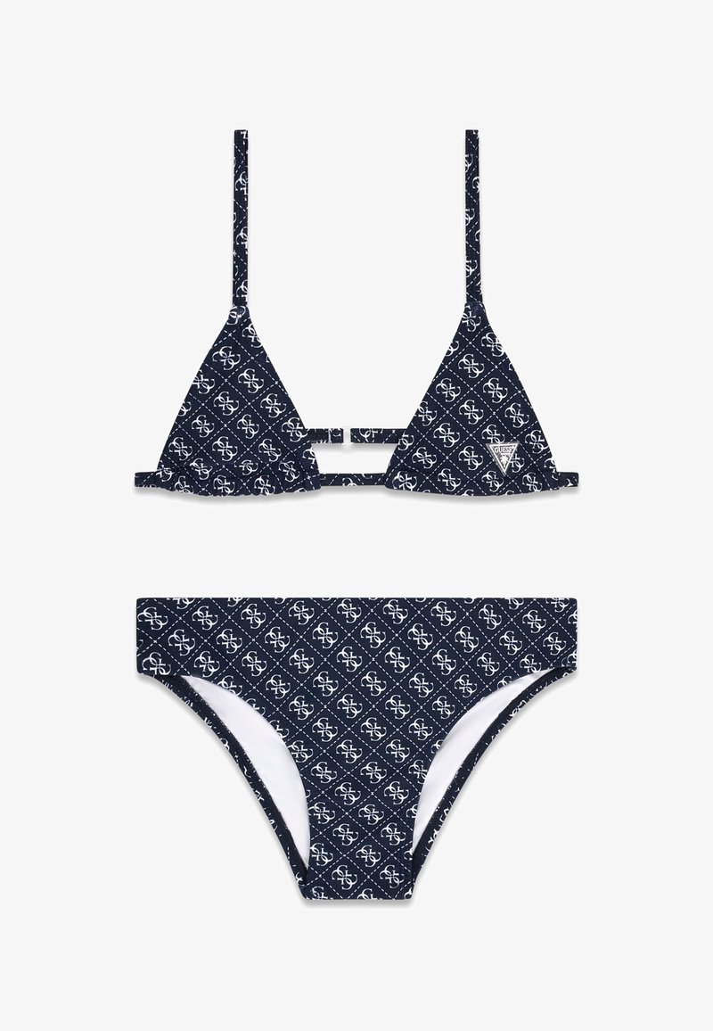 Ensemble bikini bleu marine avec motif monogramme blanc, composé d'un haut triangle avec fines bretelles réglables et d'un bas taille haute assorti.