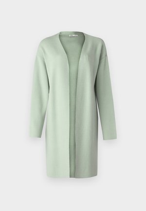 Cardigan longo de frente aberta em suave tecido verde claro texturizado. Apresenta mangas longas e um corte relaxado, sem fechos.