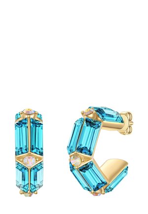 Goldfarbene Ohrringe mit rechteckigen aqua-farbenen Kristallen, die in hexagonalen Formen angeordnet sind und mit Krappenfassungen versehen sind; enthalten klare Akzentsteine.