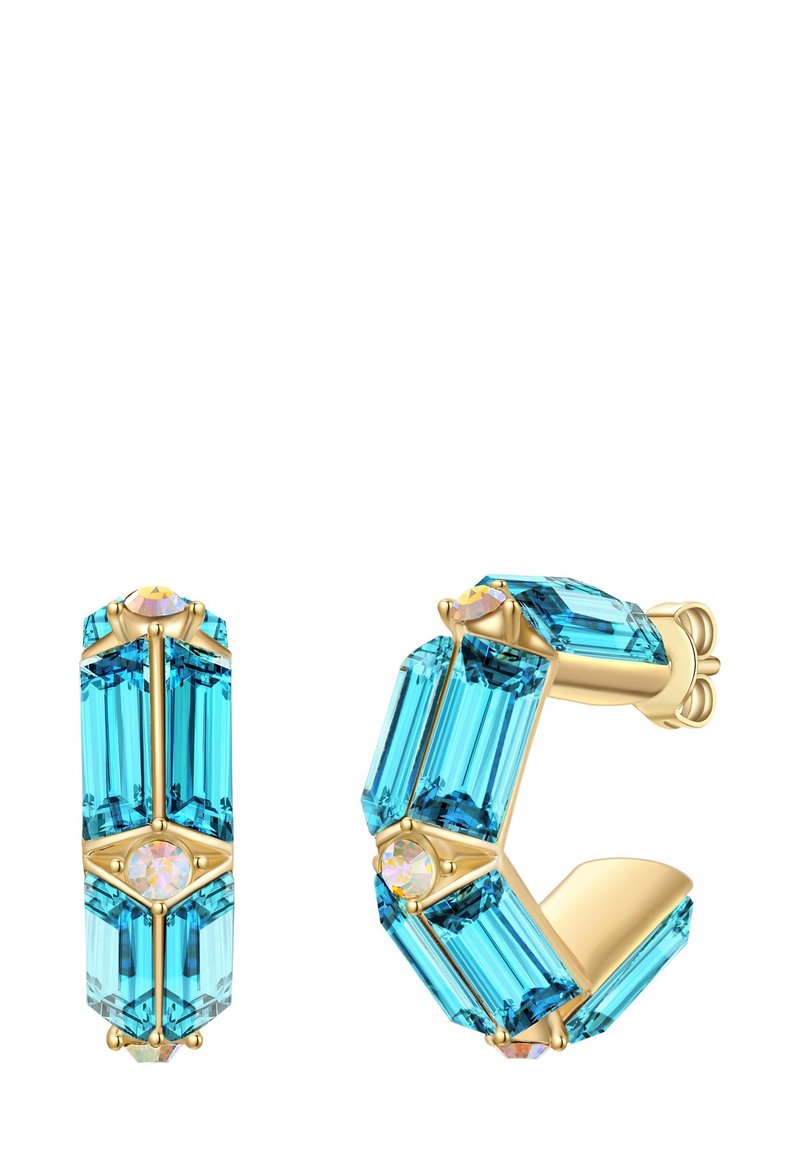 Auksinės auskarų spalvos detalles, prisiūtos stačiakampiais akvamarino kristalais, išdėstytais šešiakampėmis formomis su glaudintais tvirtinimais; apima ir skaidrius akcentinius akmenis.