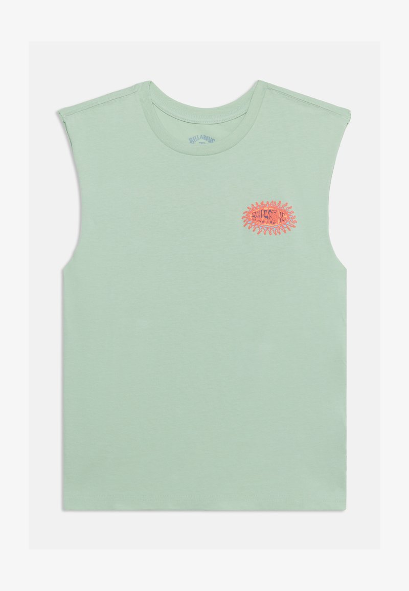 Αμάνικη ανοιχτοπράσινη μπλούζα με πορτοκαλί λογότυπο Billabong σε σχήμα ήλιου αριστερά στο στήθος, στρογγυλή λαιμόκοψη και φαρδιές ραφές στους ώμους.