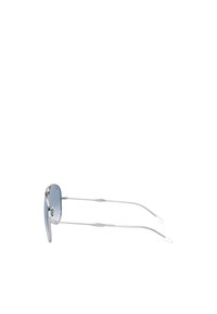 Occhiali da sole in metallo argentato con lenti blu, caratterizzati da una montatura rotonda e bracci sottili e eleganti. Inclusi i naselli per il comfort.