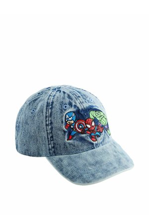 Denim-Baseballkappe mit bestickten Cartoonfiguren von Captain America, Spider-Man und Hulk auf dem Frontpanel.