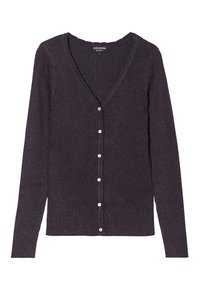 Cardigan de canalé gris oscuro con mangas largas, escote en V y seis botones en la parte delantera. Tejido texturizado con un ligero estiramiento.