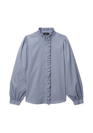 Blouse à carreaux bleu et blanc avec un col à volants, une fermeture à boutons, des manches longues bouffantes et une texture de tissu lisse.