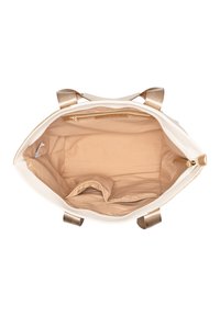 Witte tote bag met gouden hardware, met een beige stoffen interieur, interieurzakken en een ritsvak voor veilige opslag.