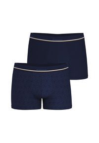 Boxers pour hommes navy en tissu lisse, avec un design à motifs contrastés sur une paire et une ceinture élastique avec logo.