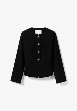 Blazer noir à manches longues avec un col rond, quatre boutons métalliques sur le devant et deux poches horizontales fines de chaque côté.