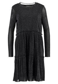 Black dress with long sleeves, layered ruffles, and a sparkling texture. Features a round neckline and a loose fit design.